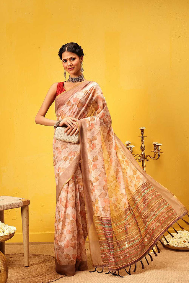 Beige Floral Printed Cotton Blend Ready to Wear Saree