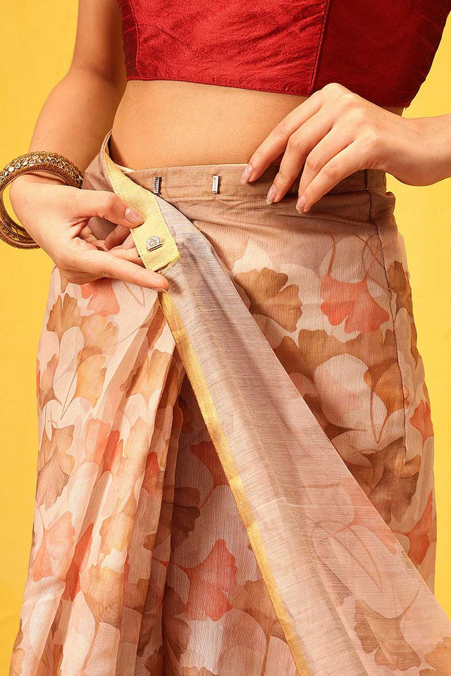 Beige Floral Printed Cotton Blend Ready to Wear Saree