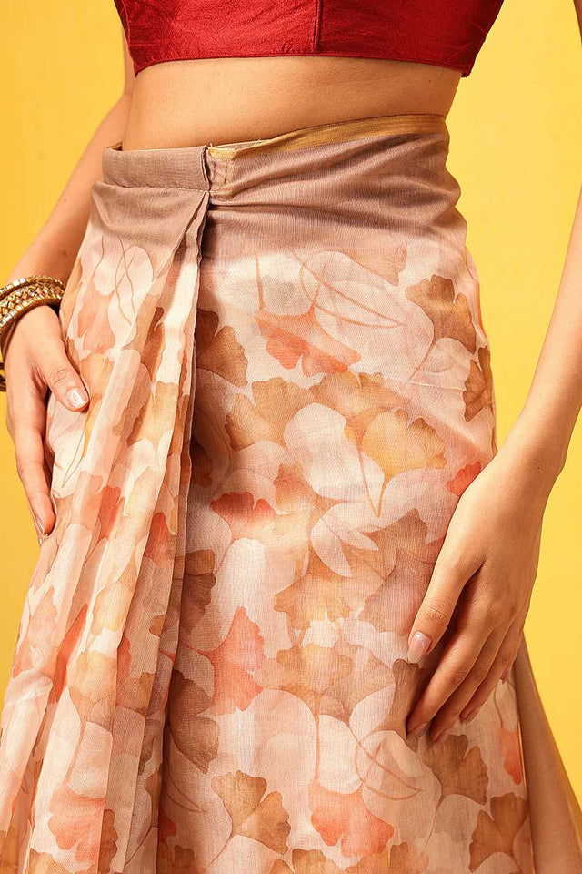 Beige Floral Printed Cotton Blend Ready to Wear Saree