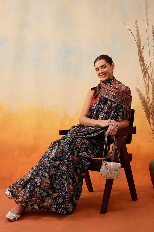 Navy Blue Floral Printed Cotton Blend Ready to Wear Saree