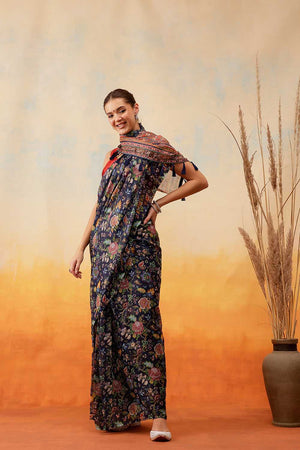 Navy Blue Floral Printed Cotton Blend Ready to Wear Saree