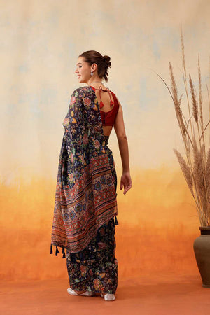 Navy Blue Floral Printed Cotton Blend Ready to Wear Saree