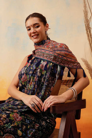 Navy Blue Floral Printed Cotton Blend Ready to Wear Saree