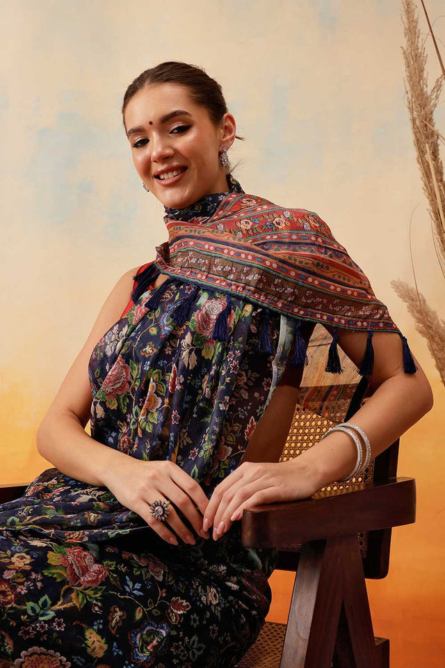 Navy Blue Floral Printed Cotton Blend Ready to Wear Saree