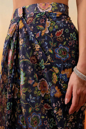 Navy Blue Floral Printed Cotton Blend Ready to Wear Saree