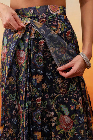 Navy Blue Floral Printed Cotton Blend Ready to Wear Saree