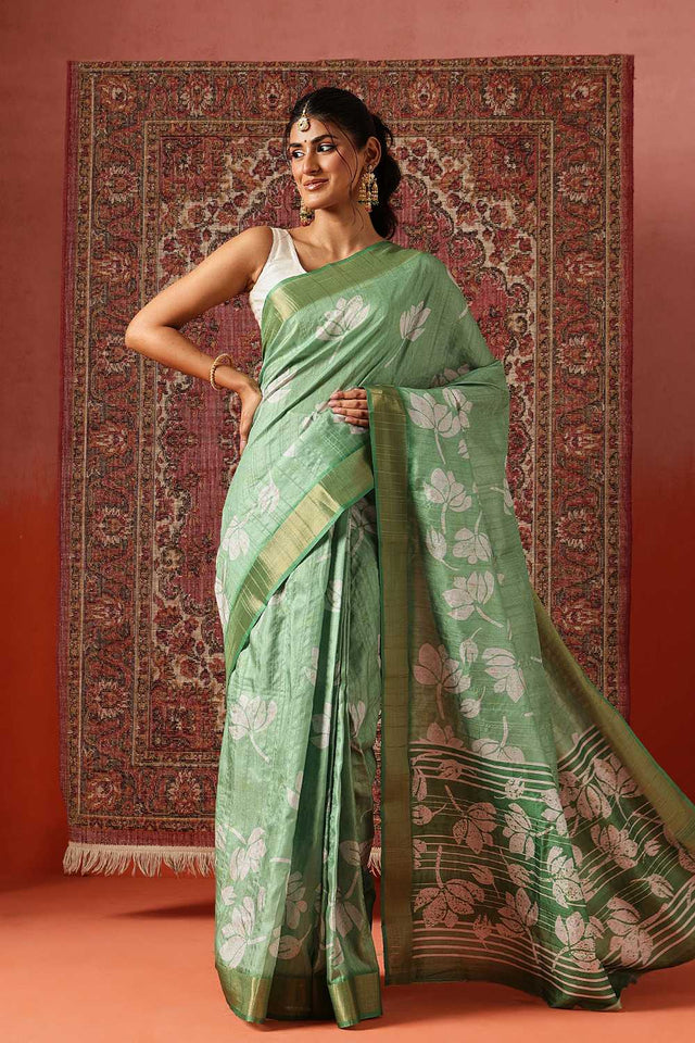 Green Floral Printed Silk Ready to Wear Saree