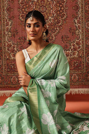 Green Floral Printed Silk Ready to Wear Saree