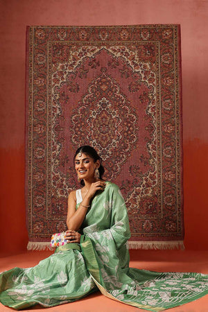 Green Floral Printed Silk Ready to Wear Saree