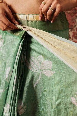 Green Floral Printed Silk Ready to Wear Saree