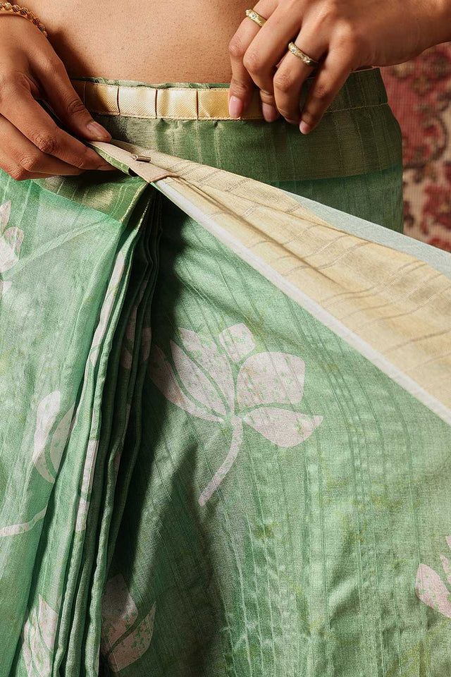 Green Floral Printed Silk Ready to Wear Saree