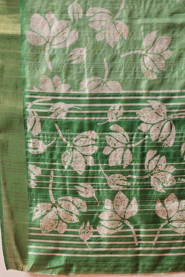 Green Floral Printed Silk Ready to Wear Saree