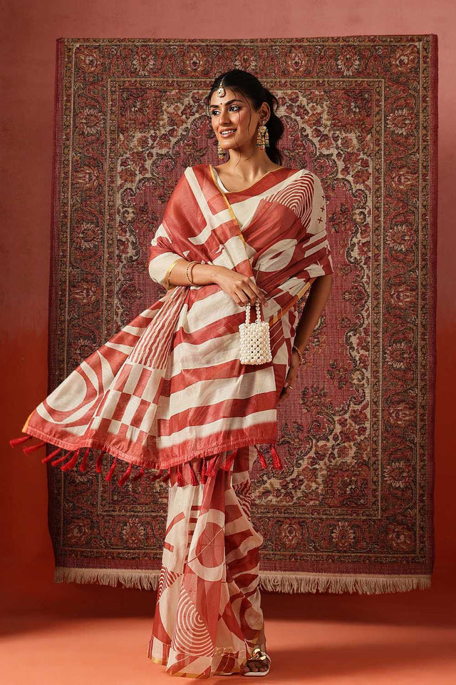 Maroon Abstract Printed Cotton Blend Ready to Wear Saree