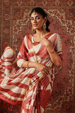 Maroon Abstract Printed Cotton Blend Ready to Wear Saree