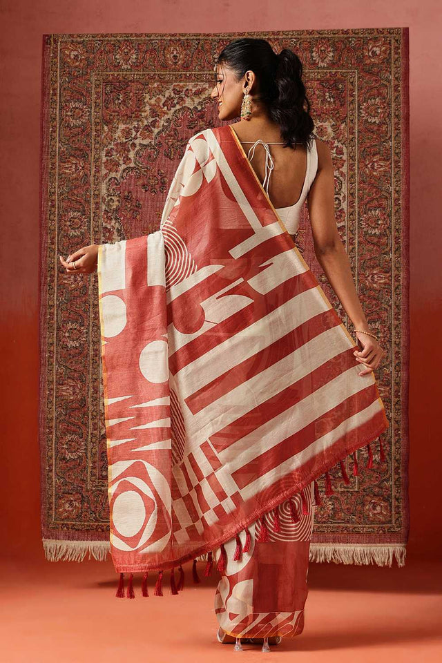 Maroon Abstract Printed Cotton Blend Ready to Wear Saree