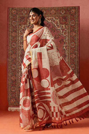 Maroon Abstract Printed Cotton Blend Ready to Wear Saree