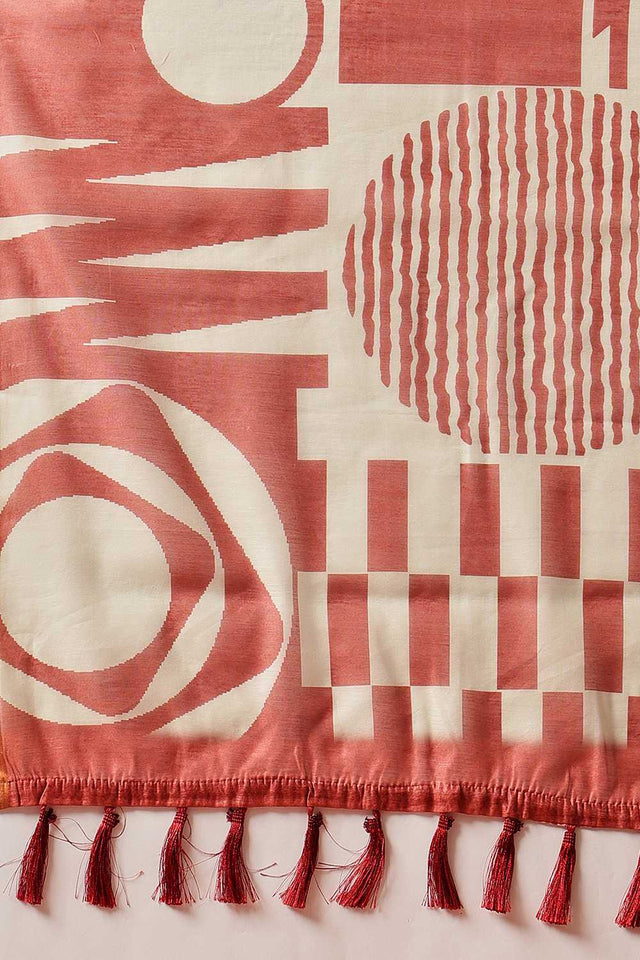 Maroon Abstract Printed Cotton Blend Ready to Wear Saree