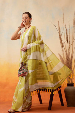 Yellow Striped Print Cotton Blend Ready to Wear Saree