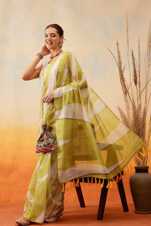 Yellow Striped Print Cotton Blend Ready to Wear Saree
