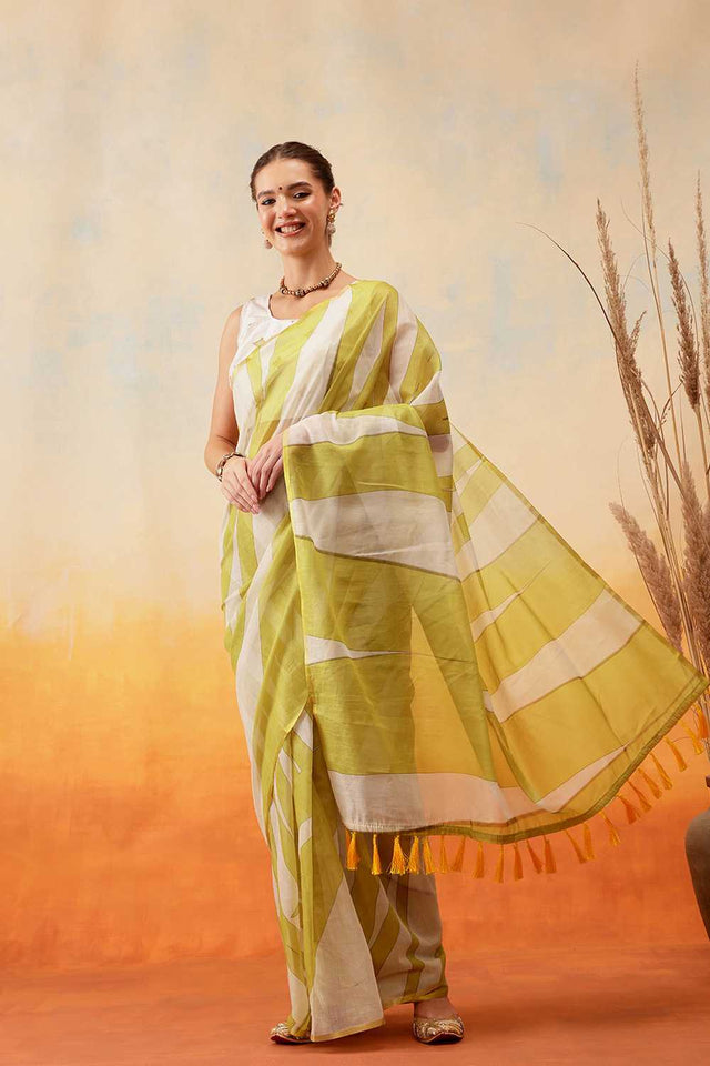 Yellow Striped Print Cotton Blend Ready to Wear Saree