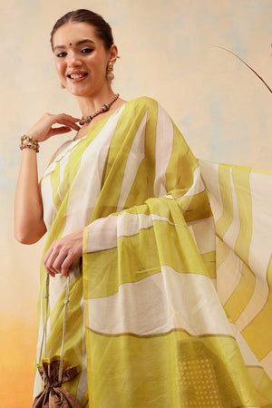 Yellow Striped Print Cotton Blend Ready to Wear Saree