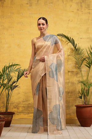 Beige Floral Printed Tissue Silk Ready to Wear Saree