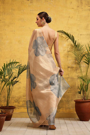 Beige Floral Printed Tissue Silk Ready to Wear Saree