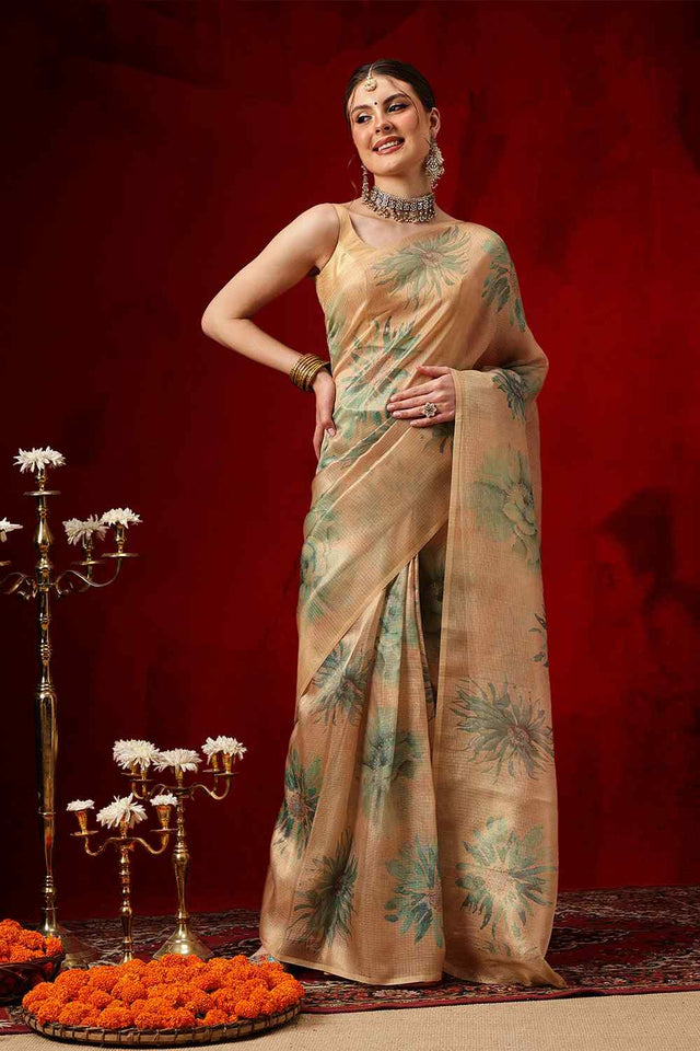 Beige Printed Cotton Silk Ready to Wear Saree