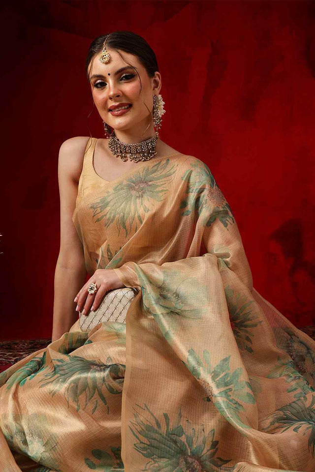 Beige Printed Cotton Silk Ready to Wear Saree