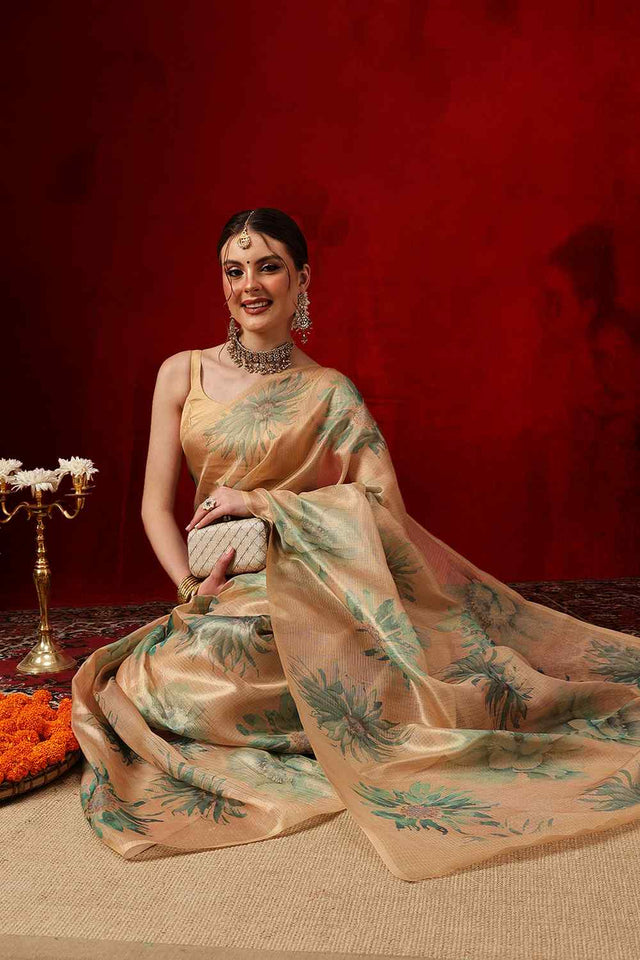 Beige Printed Cotton Silk Ready to Wear Saree