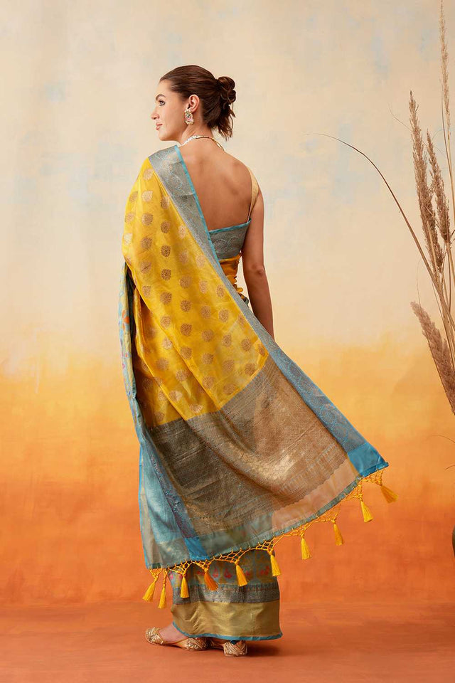 Yellow Floral Woven Art Silk Ready to Wear Saree