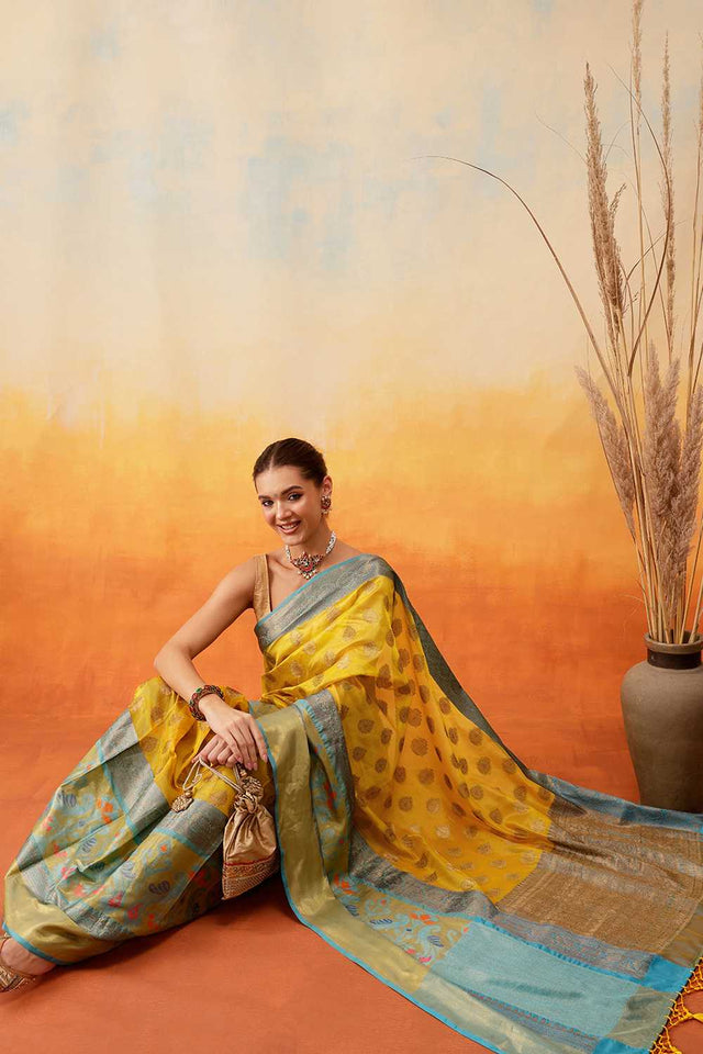 Yellow Floral Woven Art Silk Ready to Wear Saree