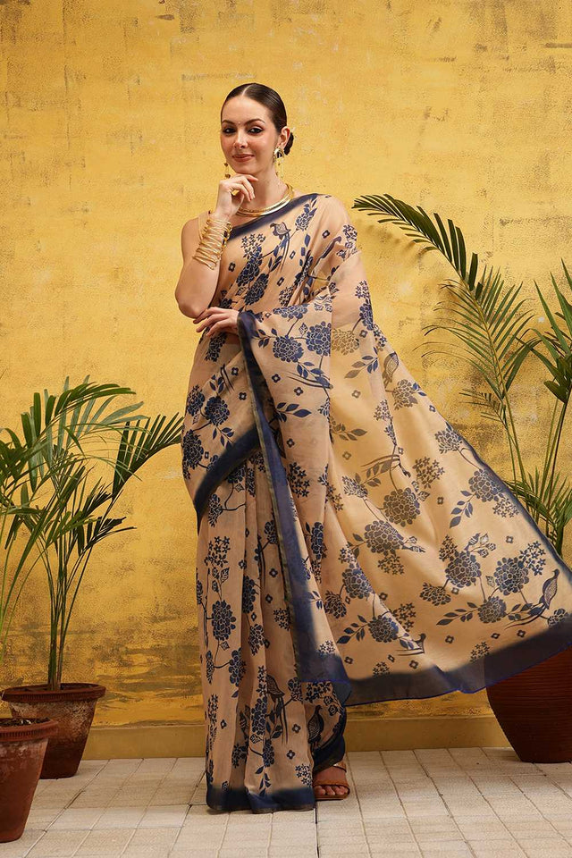 Beige Floral Printed Cotton Blend Ready to Wear Saree