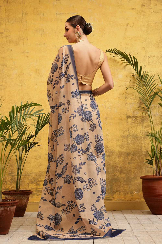 Beige Floral Printed Cotton Blend Ready to Wear Saree