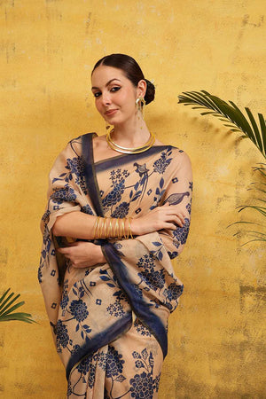 Beige Floral Printed Cotton Blend Ready to Wear Saree