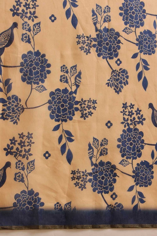 Beige Floral Printed Cotton Blend Ready to Wear Saree