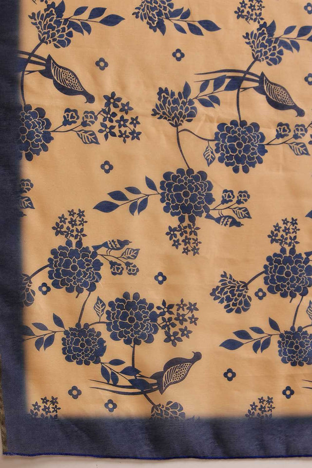 Beige Floral Printed Cotton Blend Ready to Wear Saree