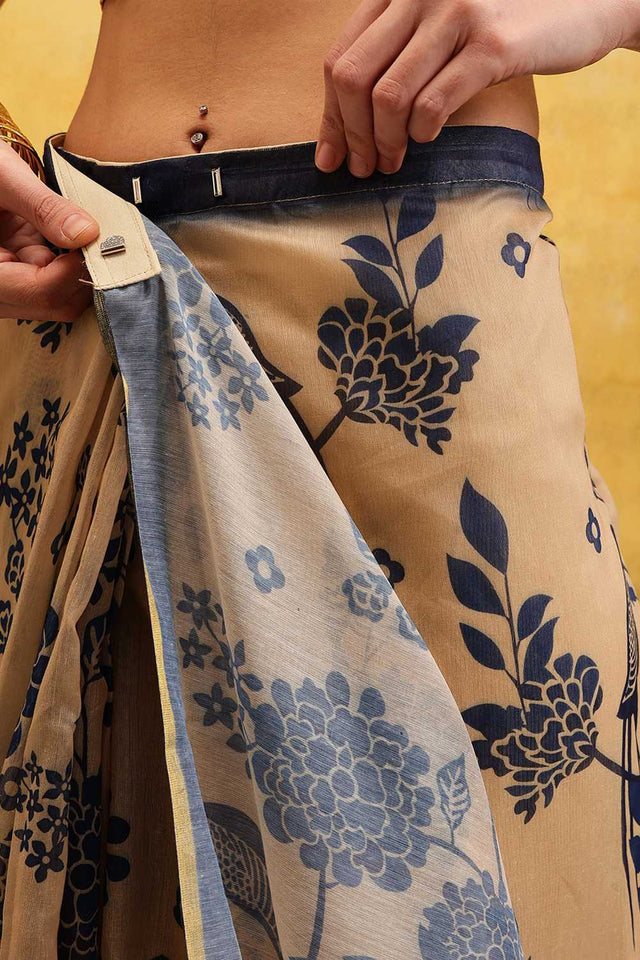 Beige Floral Printed Cotton Blend Ready to Wear Saree