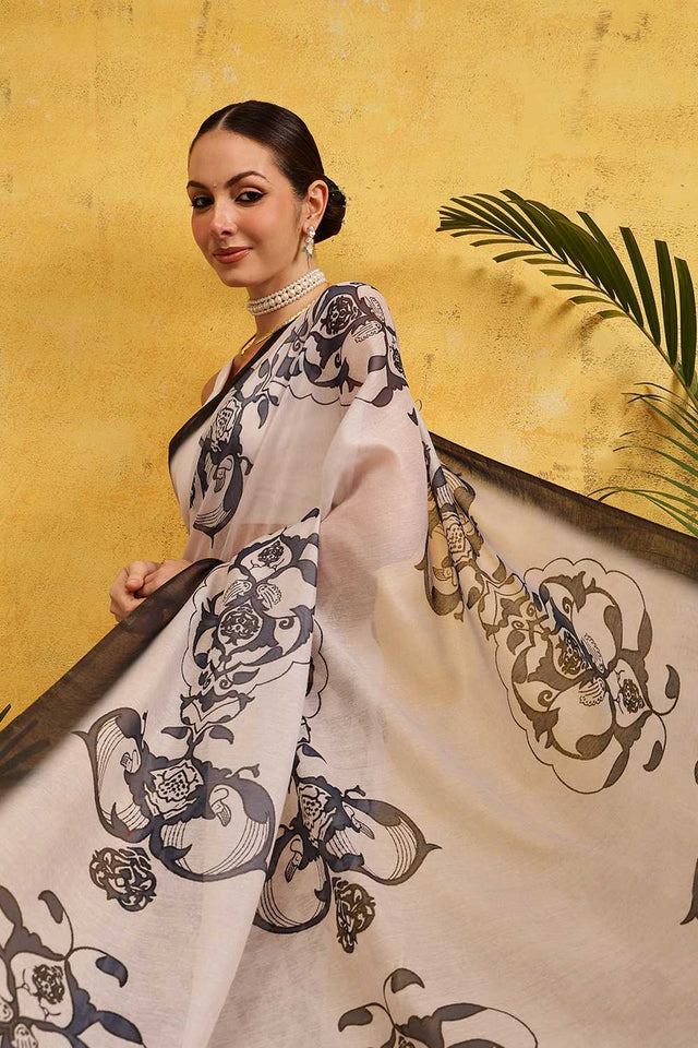 White Abstract Printed Cotton Blend Ready to Wear Saree
