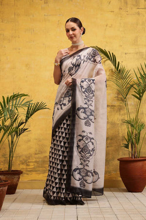 White Abstract Printed Cotton Blend Ready to Wear Saree