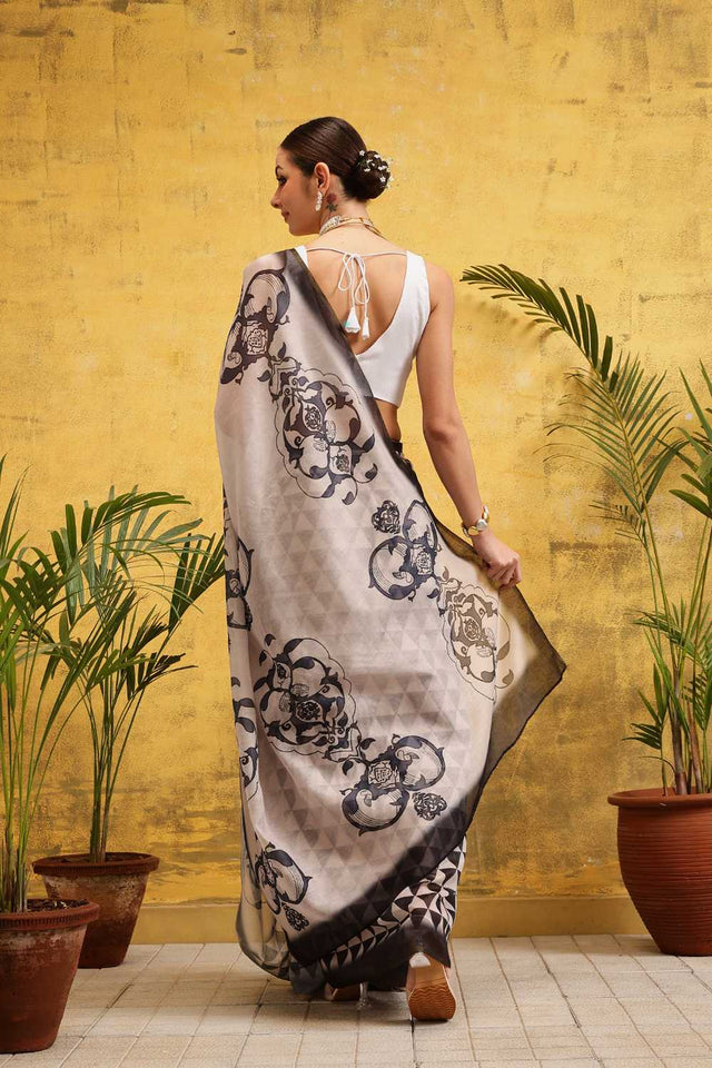 White Abstract Printed Cotton Blend Ready to Wear Saree