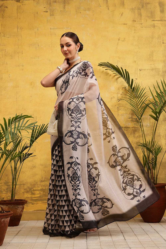 White Abstract Printed Cotton Blend Ready to Wear Saree