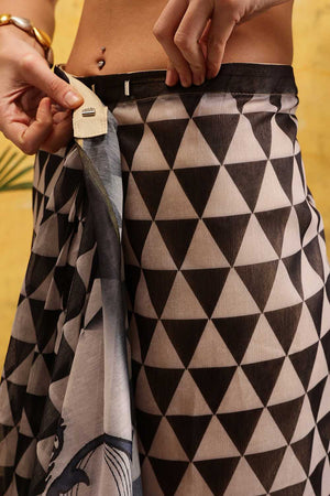 White Abstract Printed Cotton Blend Ready to Wear Saree