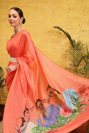 Peach Solid Cotton Blend Ready to Wear Saree