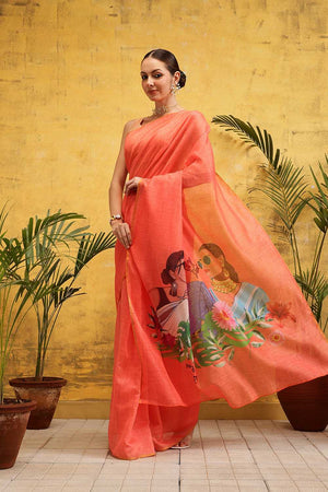 Peach Solid Cotton Blend Ready to Wear Saree