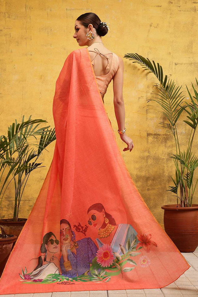 Peach Solid Cotton Blend Ready to Wear Saree