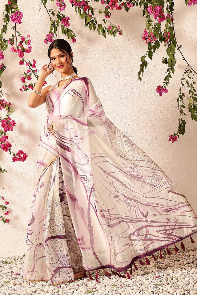 White Abstract Printed Cotton Blend Ready to Wear Saree