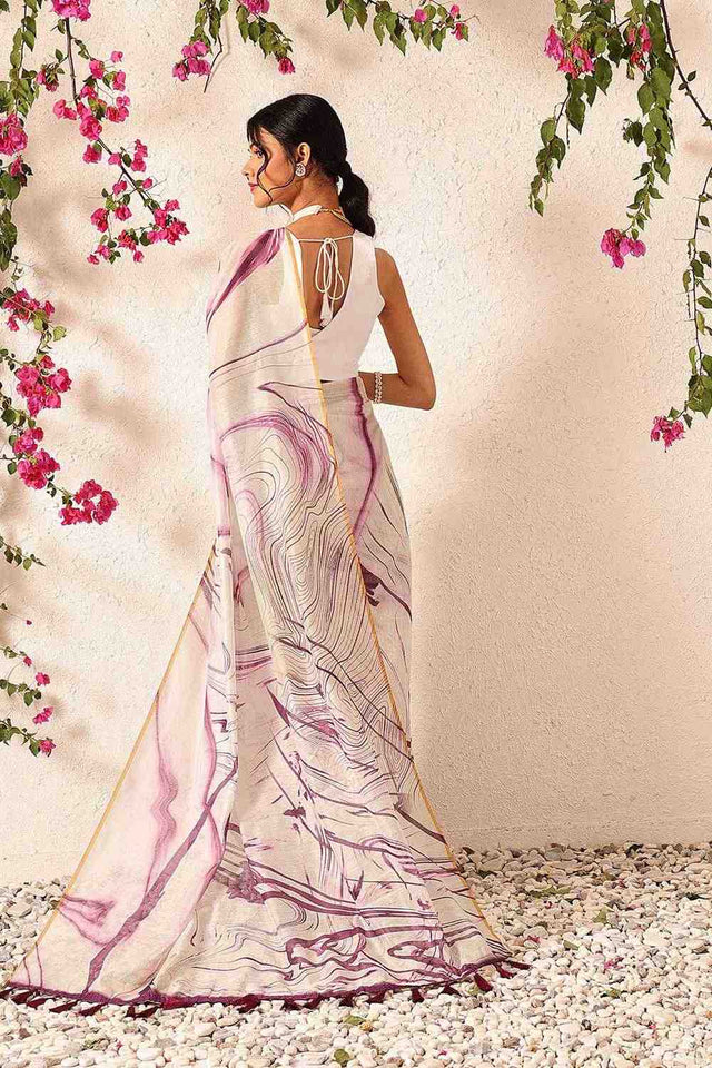 White Abstract Printed Cotton Blend Ready to Wear Saree