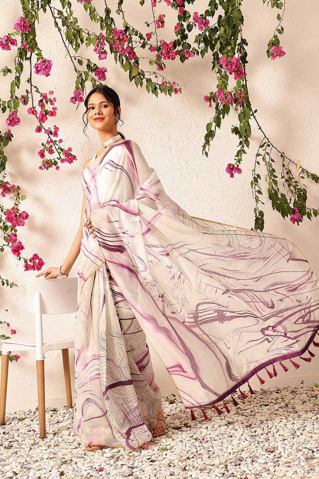 White Abstract Printed Cotton Blend Ready to Wear Saree