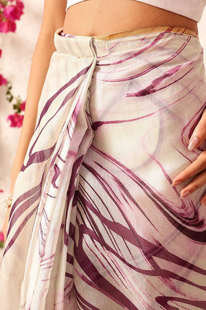 White Abstract Printed Cotton Blend Ready to Wear Saree